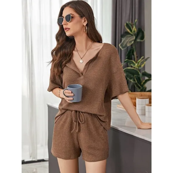 two piece set: Notch v Neck Waffle Knit Top &amp; Track Shorts Set