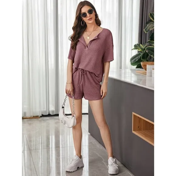 two piece set: Notch v Neck Waffle Knit Top &amp; Track Shorts Set