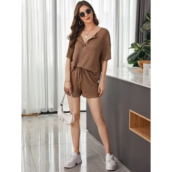 two piece set: Notch v Neck Waffle Knit Top &amp; Track Shorts Set