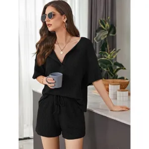 two piece set: Notch v Neck Waffle Knit Top &amp; Track Shorts Set