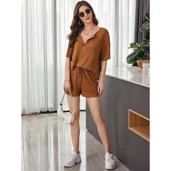 two piece set: Notch v Neck Waffle Knit Top &amp; Track Shorts Set