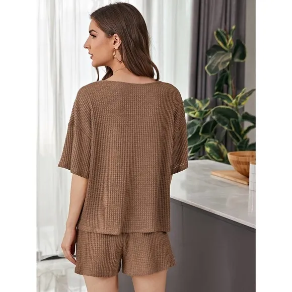two piece set: Notch v Neck Waffle Knit Top &amp; Track Shorts Set