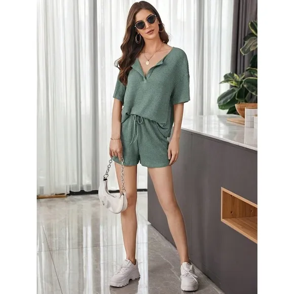 two piece set: Notch v Neck Waffle Knit Top &amp; Track Shorts Set