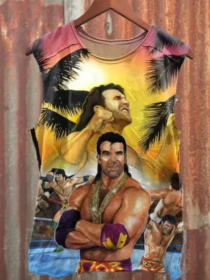 Unisex Retro Wrestling Superstar Art Illustration Printed Casual Tank Top
