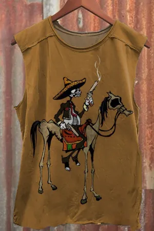Unisex Skull Sitting On Horse With A Gun Print Casual Tank Top