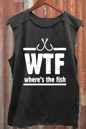 Unisex WTF Where's The Fish Print 100% Cotton Casual Tank Top
