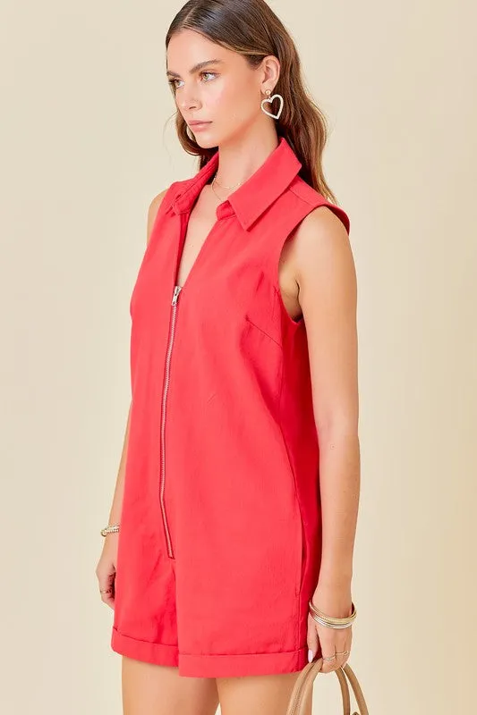 V-Neck Sleeveless Zipper Denim Romper