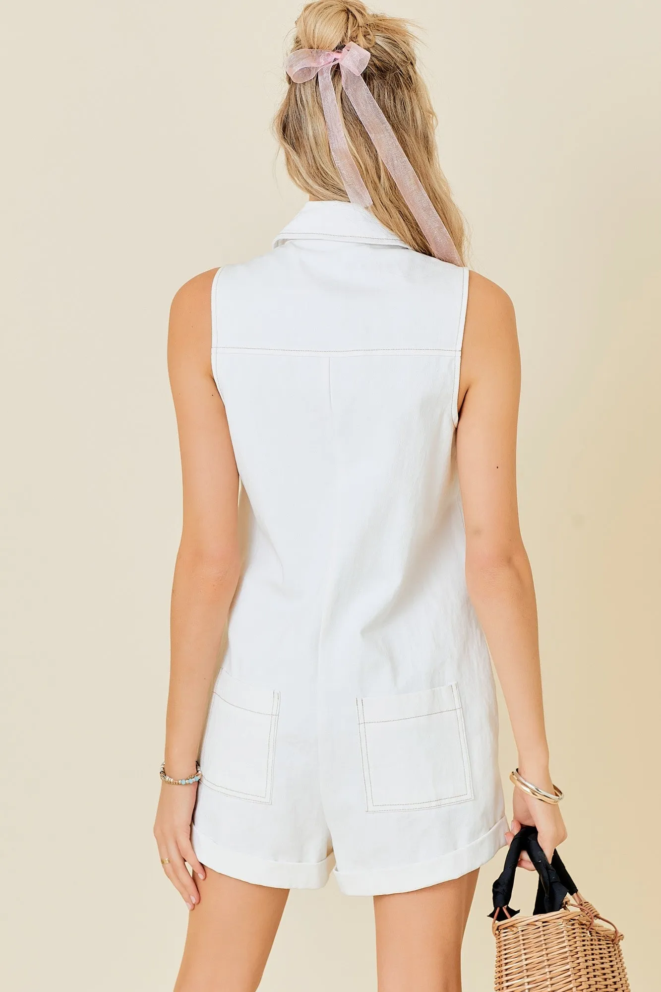V-Neck Sleeveless Zipper Denim Romper