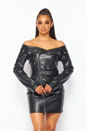 Vegan Leather Off Shoulder Moto Dress