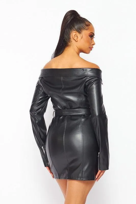 Vegan Leather Off Shoulder Moto Dress