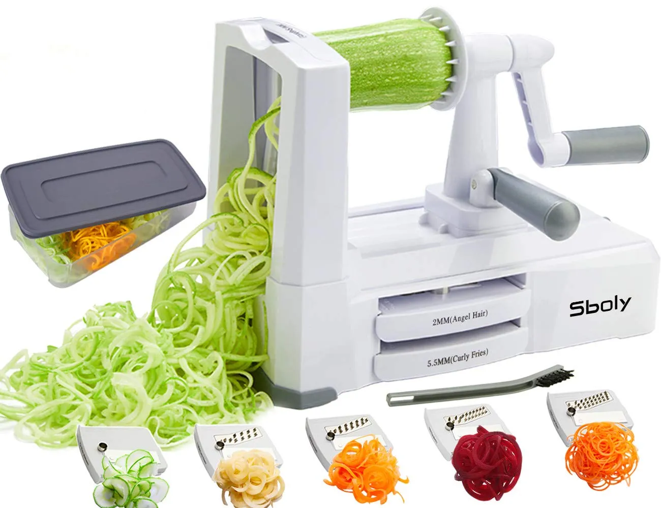 Vegetable Spiralizer Vegetable Slicer with 5 Blades, Zucchini Spaghetti Maker Zoodle Maker Veggie Pasta Maker, Strongest and Heaviest Duty Mandoline Slicer with Container, Lid, Brush