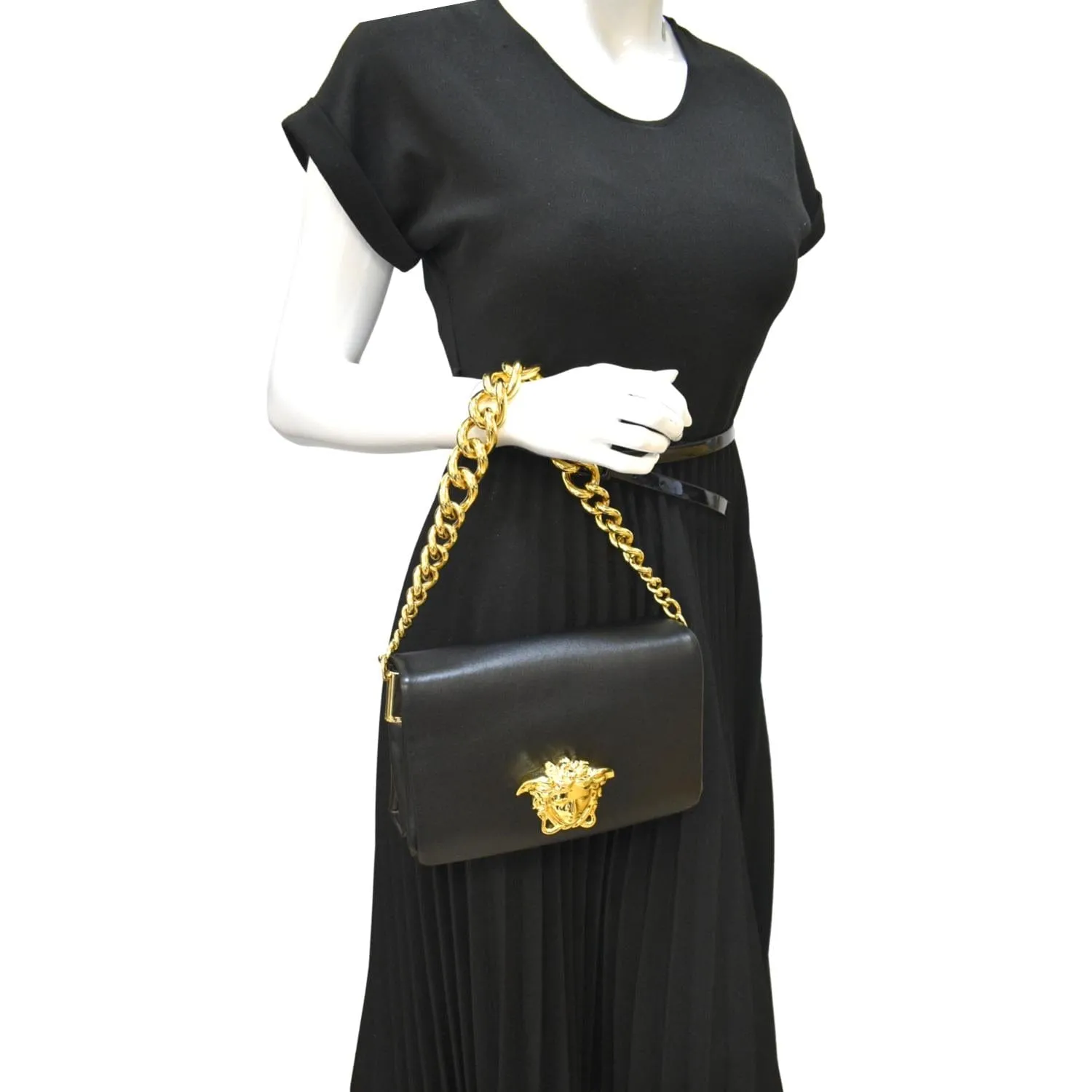 VERSACE Medusa Calfskin Leather Chain Clutch Bag Black
