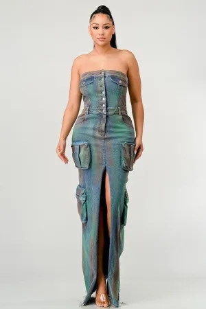 VINTAGE HAND WASHED BUTTON UP SLIT CARGO STYLE DRESS