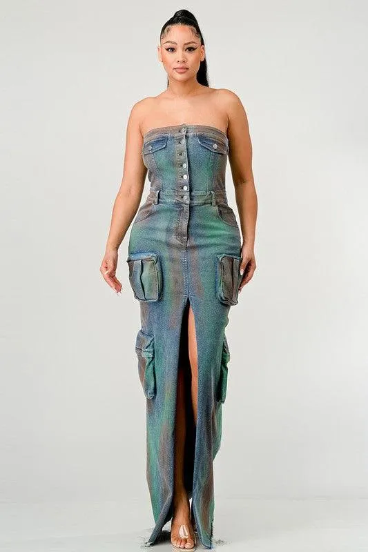 VINTAGE HAND WASHED BUTTON UP SLIT CARGO STYLE DRESS