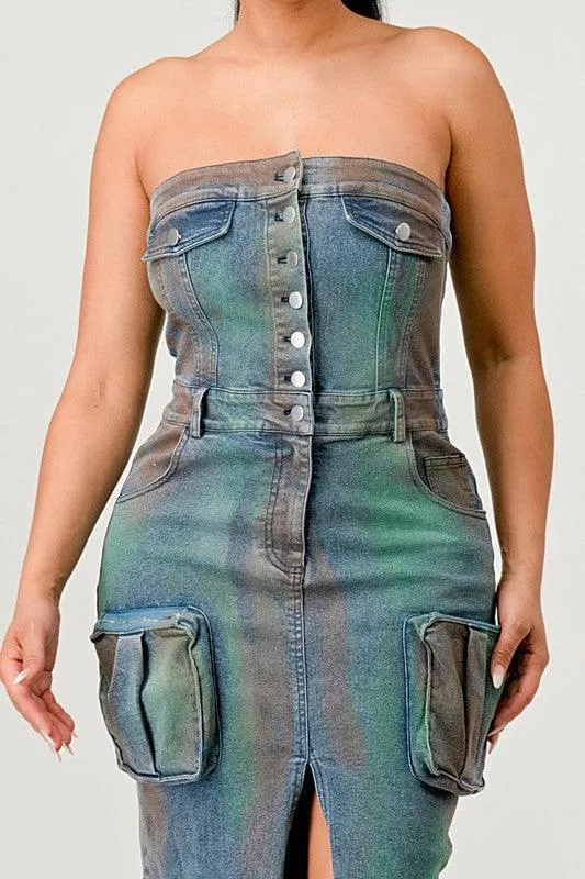 VINTAGE HAND WASHED BUTTON UP SLIT CARGO STYLE DRESS