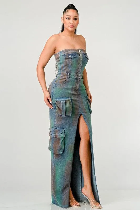 VINTAGE HAND WASHED BUTTON UP SLIT CARGO STYLE DRESS