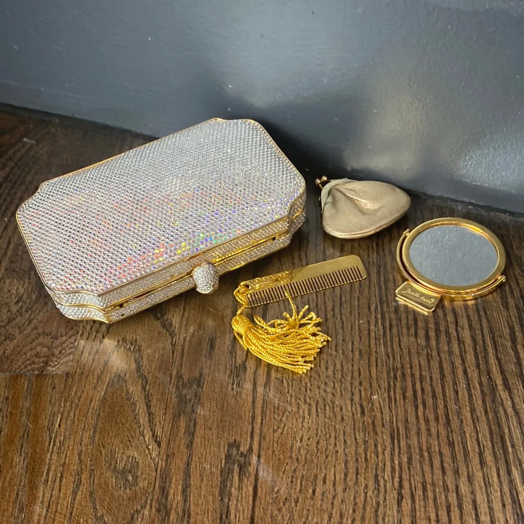Vintage: Judith Leiber Crystal and Gold Metal Clutch with Shoulder Chain