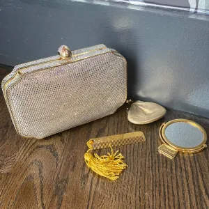 Vintage: Judith Leiber Crystal and Gold Metal Clutch with Shoulder Chain