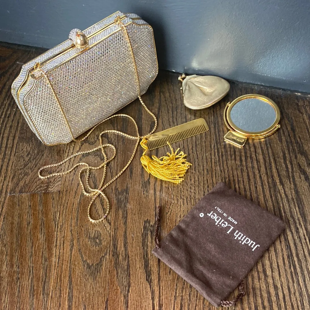 Vintage: Judith Leiber Crystal and Gold Metal Clutch with Shoulder Chain