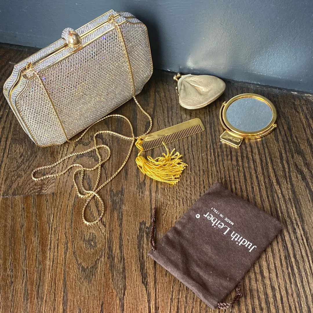 Vintage: Judith Leiber Crystal and Gold Metal Clutch with Shoulder Chain