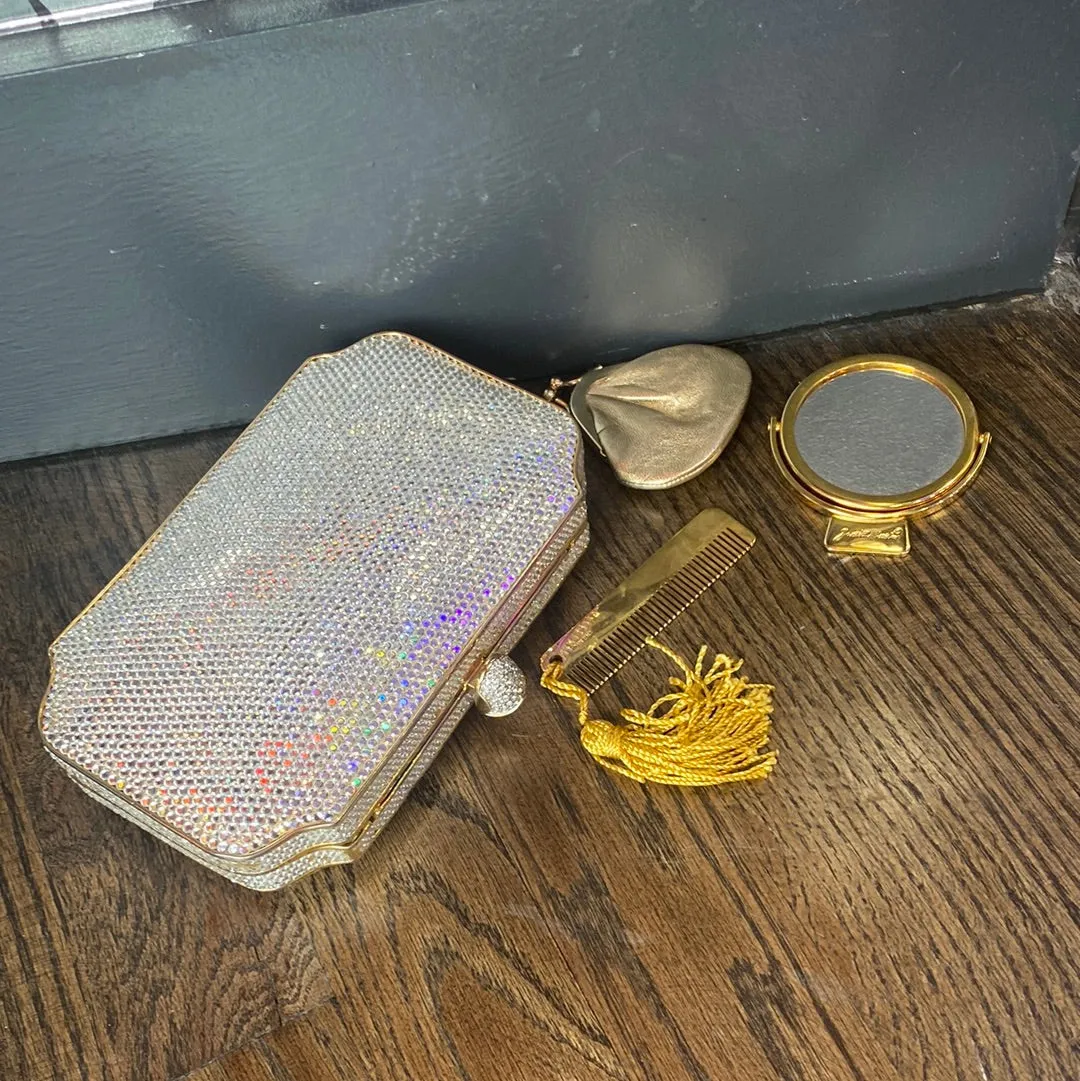 Vintage: Judith Leiber Crystal and Gold Metal Clutch with Shoulder Chain
