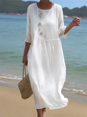 Women's Round Neck Half Sleeve Embroidery Linen Blend Midi Dress