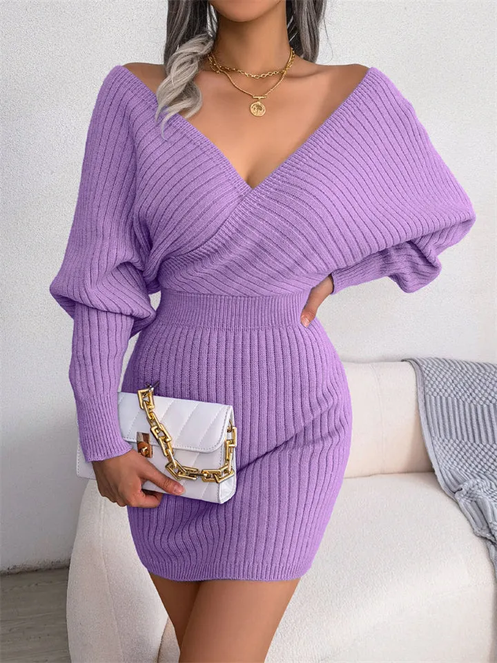 Women's Sexy Crossover V Neck Batwing Sleeve Wrap Hip Dress