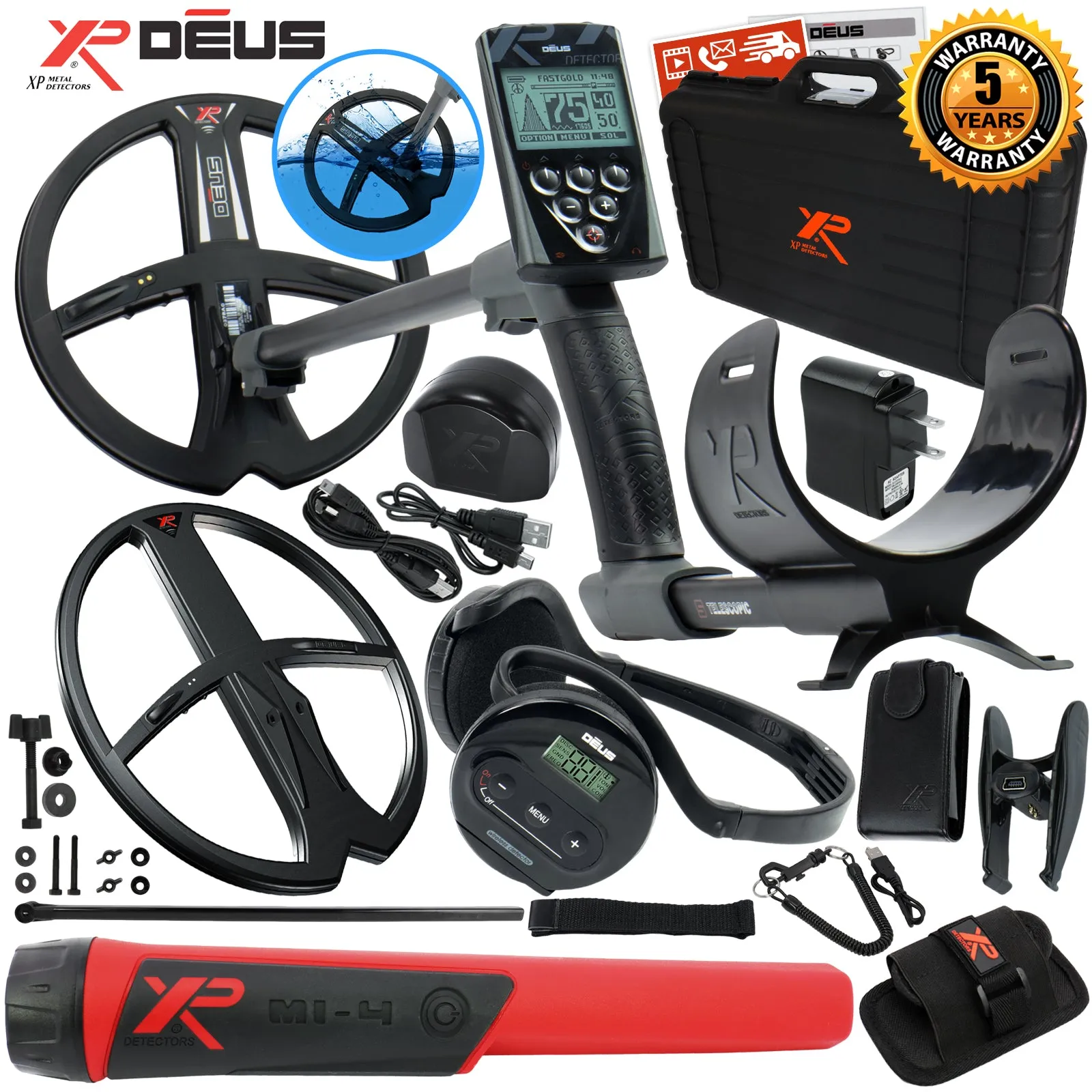 XP Deus Metal Detector w/ MI-4 Pinpointer, WS4 Backphone, Remote & 2 X35 Coils